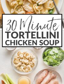 This easy yet comforting Chicken Tortellini Soup will fill your belly and soul! We love the flavorful broth, tender shredded chicken, pillowy cheese tortellini, and plenty of garlic and Italian herbs. Best of all, it takes just 30 minutes and one pot to make.