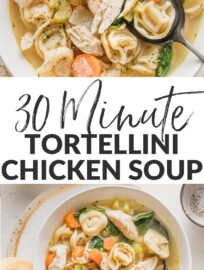 This easy yet comforting Chicken Tortellini Soup will fill your belly and soul! We love the flavorful broth, tender shredded chicken, pillowy cheese tortellini, and plenty of garlic and Italian herbs. Best of all, it takes just 30 minutes and one pot to make.