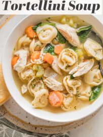 This easy yet comforting Chicken Tortellini Soup will fill your belly and soul! We love the flavorful broth, tender shredded chicken, pillowy cheese tortellini, and plenty of garlic and Italian herbs. Best of all, it takes just 30 minutes and one pot to make.