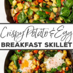 Life-changing breakfast skillet with CRISPY potatoes, veggies, and eggs all cooked in one pan. This will make you believe in savory breakfasts! #breakfastrecipes #breakfasthash