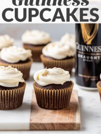 A MUST for St. Patrick's Day or the beer lover! The best, most decadent chocolate Guinness cupcakes topped with luscious Irish cream frosting. Plus they're easy to make and ready in less than 45 minutes!