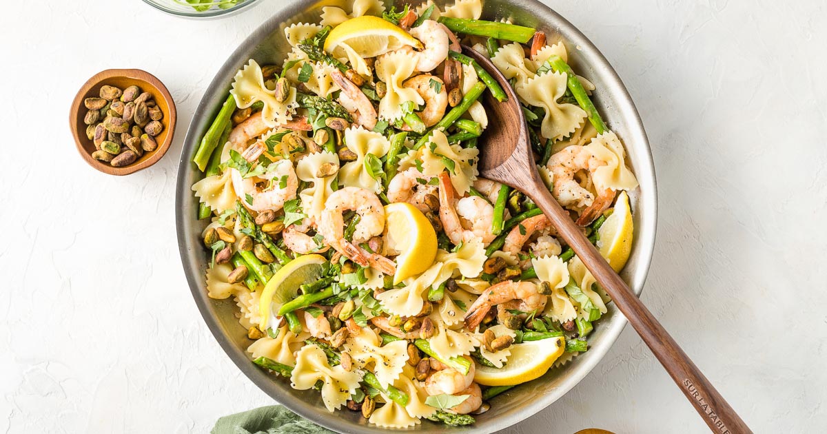 Lemon Asparagus Pasta with Shrimp and Pistachios - Nourish and Fete