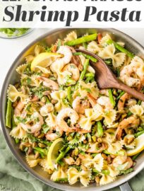 A bright dish of lemon asparagus pasta perked up with shrimp and crunchy pistachios. Ready in less than 30 minutes, perfect for busy weeknights!