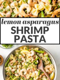 A bright dish of lemon asparagus pasta perked up with shrimp and crunchy pistachios. Ready in less than 30 minutes, perfect for busy weeknights!