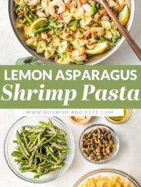 A bright dish of lemon asparagus pasta perked up with shrimp and crunchy pistachios. Ready in less than 30 minutes, perfect for busy weeknights!