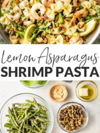 A bright dish of lemon asparagus pasta perked up with shrimp and crunchy pistachios. Ready in less than 30 minutes, perfect for busy weeknights!