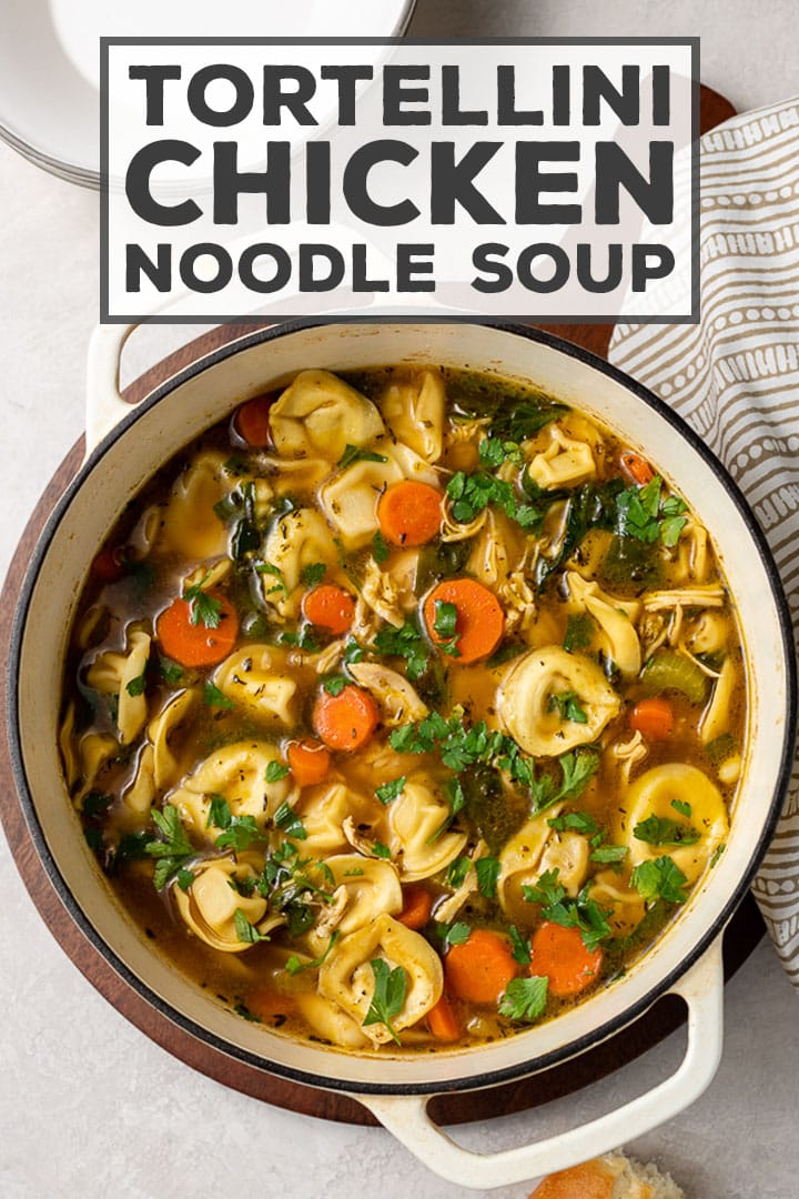 I LOVE this chicken noodle soup that actually fills you up!! Ultimate comfort food with tortellini to make it a little more hearty. Perfect soup recipe for cold days and comfort food. #comfortfood #chickennoodle #souprecipe