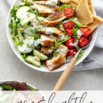 NO BORING SALAD HERE! This chicken gyro salad is a dinner-time game-changer. Healthy, easy, and so much flavor!! Bonus that it's a perfect dinner for two - portioned just right, no leftovers! #saladrecipes #lunchideas #healthydinners