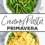Ultimate spring pasta dish! A creamy pasta primavera with a light, tangy sauce, tons of fresh veggies, and, hello, PASTA. Best of all, ready in 20 minutes. Great weeknight pasta recipe! #springrecipe #pasta #primavera