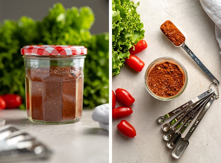 Photos of homemade taco seasoning stored in a small jar.