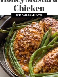 This simple recipe produces juicy, flavorful Honey Mustard Chicken seared and baked in the most delicious pan sauce. You'll love this fool-proof method for perfectly cooked chicken breasts and green beans together in a healthy, easy, one-skillet meal.