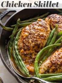 This simple recipe produces juicy, flavorful Honey Mustard Chicken seared and baked in the most delicious pan sauce. You'll love this fool-proof method for perfectly cooked chicken breasts and green beans together in a healthy, easy, one-skillet meal.