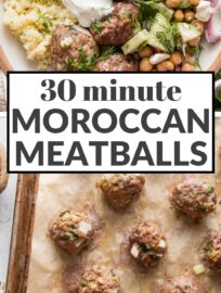 These Moroccan-inspired Lamb Meatballs are quick to make but tender, delicious, and a fun way to diversify your dinner routine with Mediterranean vibes. Plenty of herbs add flavor to the beef-lamb mixture, which then bakes in the oven for hands-off convenience. Serve with couscous or rice, your favorite veggies, and fresh pita for bonus points.