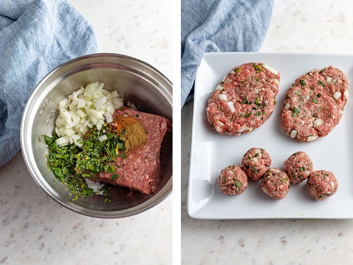 Side-by-side photos showing the ingredients that go into Moroccan lamb burgers and the shaped burger patties.