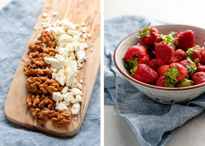 Walnuts and crumbled feta on a cutting board, and just-washed strawberries in a ceramic colander.