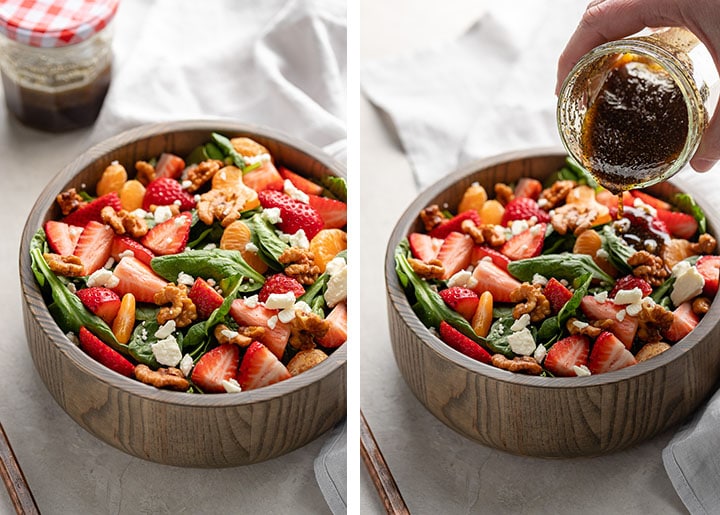 Process photos of an undressed salad, and an action shot of a person pouring dressing onto it from a small jam jar.