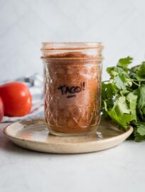 Small jar labeled "Taco!" holding homemade taco seasoning.