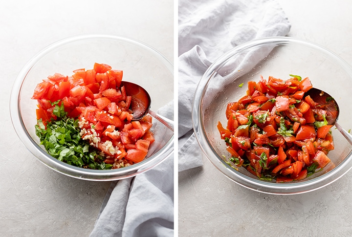 Chopped tomatoes, garlic, basil, olive oil, and balsamic vinegar in a bowl.
