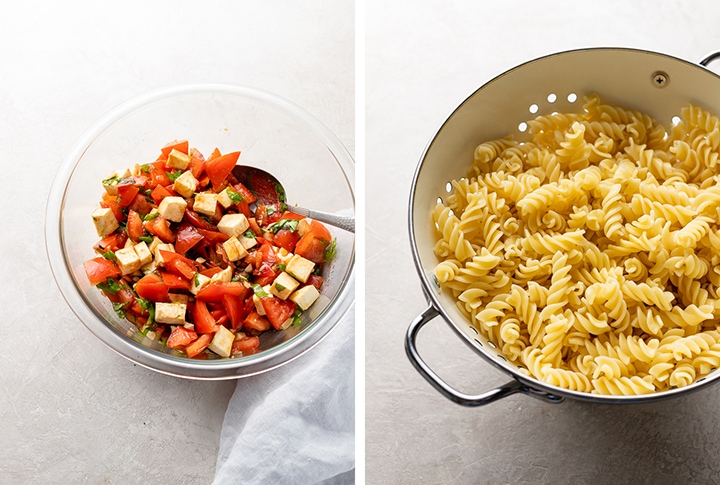 Tomato mixture with added bites of mozzarella, and cooked pasta ready to be stirred in.