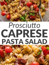 Caprese pasta salad is standard summer fare for good reason: tender pasta, juicy tomatoes, and creamy mozzarella are about as crowd-pleasing as it gets. Take it beyond the basic with this version that adds prosciutto, pine nuts, and the simplest but most delicious balsamic dressing. This was the first thing I ever cooked for my now-husband, and we still love it more than 15 years later!