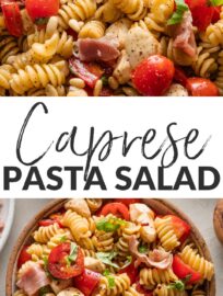 Caprese pasta salad is standard summer fare for good reason: tender pasta, juicy tomatoes, and creamy mozzarella are about as crowd-pleasing as it gets. Take it beyond the basic with this version that adds prosciutto, pine nuts, and the simplest but most delicious balsamic dressing. This was the first thing I ever cooked for my now-husband, and we still love it more than 15 years later!