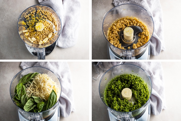 Step by step photos of making fresh basil pesto in a food processor.