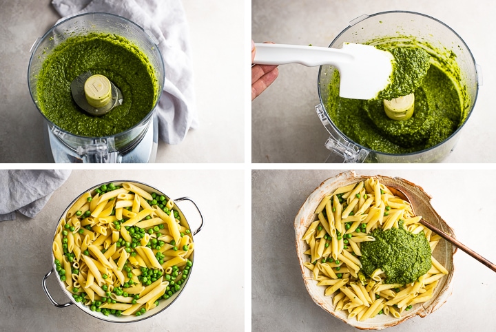 Step by step photos of fresh pesto, just-cooked pasta, and mixing the two together.