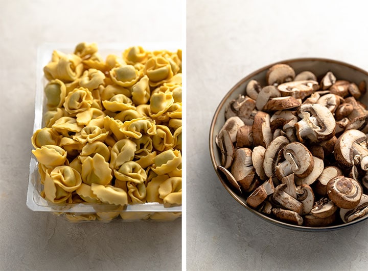 An image showing fresh tortellini in the package on the left, and fresh sliced baby Bella mushrooms in a bowl on the right.