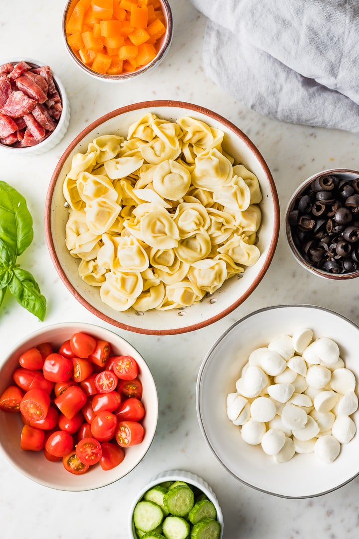 Ingredients for tortellini pasta salad in bowls - tortellini, bell pepper, salami, tomatoes, cucumber, mozzarella, olives - arranged in a flat-lay.