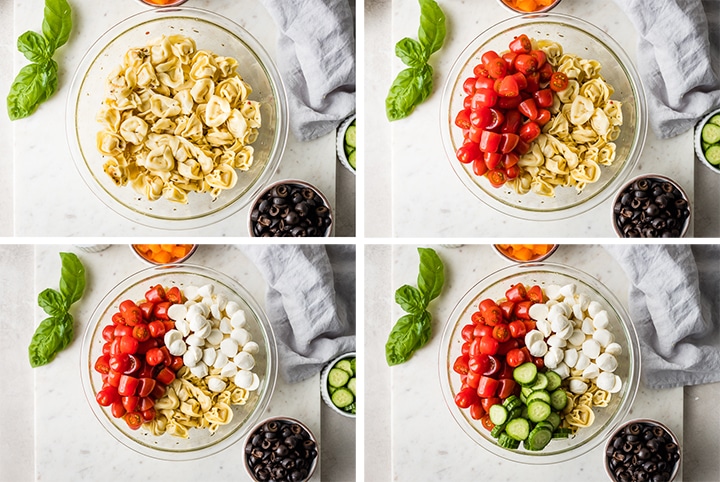 Step by step photo collage showing the process of adding ingredients for a pasta salad.