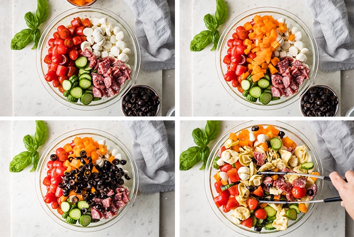 Step by step photo collage showing the final steps of adding ingredients and tossing a pasta salad.