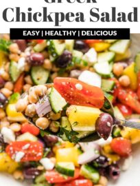 This easy and versatile chopped Greek Chickpea Salad takes less than 20 minutes to make and is packed with vibrant Mediterranean flavors. Loaded with crunchy bell peppers and cucumbers, briny olives, creamy Feta, and a light homemade vinaigrette, you’ll love this as a side, lunch, or dish to share.