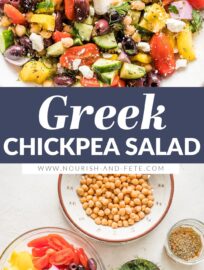 This easy and versatile chopped Greek Chickpea Salad takes less than 20 minutes to make and is packed with vibrant Mediterranean flavors. Loaded with crunchy bell peppers and cucumbers, briny olives, creamy Feta, and a light homemade vinaigrette, you’ll love this as a side, lunch, or dish to share.