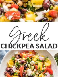 This easy and versatile chopped Greek Chickpea Salad takes less than 20 minutes to make and is packed with vibrant Mediterranean flavors. Loaded with crunchy bell peppers and cucumbers, briny olives, creamy Feta, and a light homemade vinaigrette, you’ll love this as a side, lunch, or dish to share.