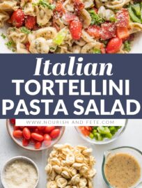 Close up of a bowl full of tortellini pasta salad loaded with peppers, pepperoni, tomatoes, mozzarella, and Italian dressing.