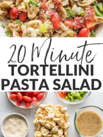 Close up of a bowl full of tortellini pasta salad loaded with peppers, pepperoni, tomatoes, mozzarella, and Italian dressing.