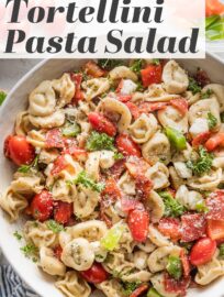 Close up of a bowl full of tortellini pasta salad loaded with peppers, pepperoni, tomatoes, mozzarella, and Italian dressing.