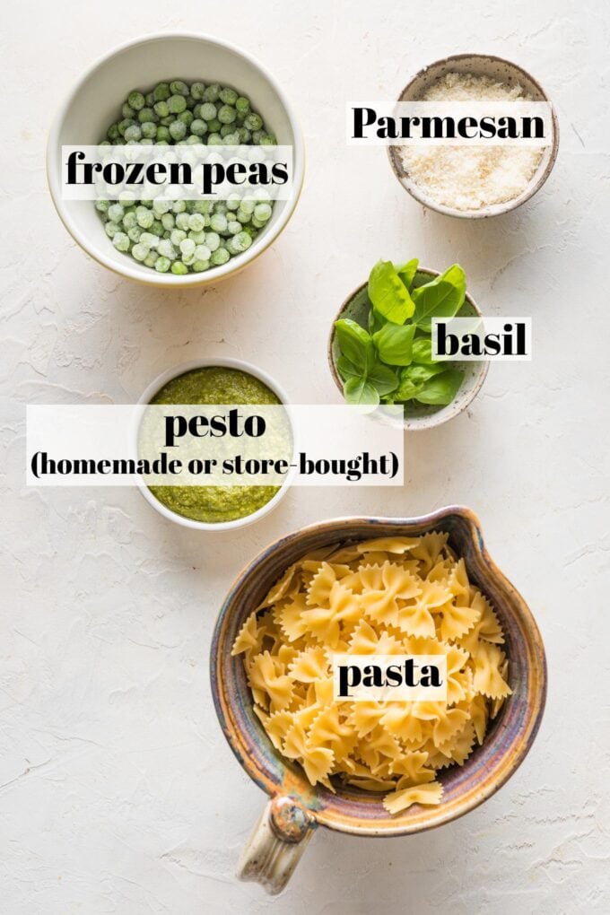 Labeled overhead image of dried pasta, pesto, frozen peas, Parmesan cheese, and fresh basil leaves in prep bowls.