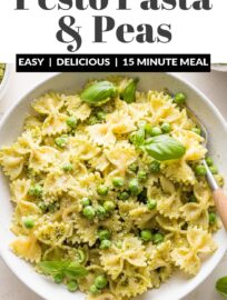 This pesto pasta and peas recipe is quick, easy, and totally delicious! Make your own pesto or use store-bought: either way, this can be ready in less than 20 minutes and makes a lovely light meal.