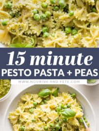 This pesto pasta and peas recipe is quick, easy, and totally delicious! Make your own pesto or use store-bought: either way, this can be ready in less than 20 minutes and makes a lovely light meal.