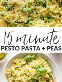 This pesto pasta and peas recipe is quick, easy, and totally delicious! Make your own pesto or use store-bought: either way, this can be ready in less than 20 minutes and makes a lovely light meal.