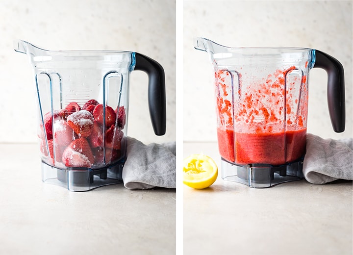 Before and after photos of strawberries, lemon juice, and sugar in the blender.