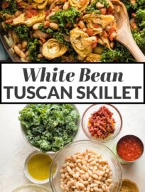 Spice up your dinner routine with this easy Tuscan white bean skillet. Ready in under 30 minutes, perfect with a crusty loaf of bread! A delicious, easy dinner recipe that happens to be casually vegan.