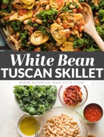 Spice up your dinner routine with this easy Tuscan white bean skillet. Ready in under 30 minutes, perfect with a crusty loaf of bread! A delicious, easy dinner recipe that happens to be casually vegan.
