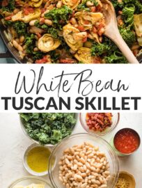 Spice up your dinner routine with this easy Tuscan white bean skillet. Ready in under 30 minutes, perfect with a crusty loaf of bread! A delicious, easy dinner recipe that happens to be casually vegan.