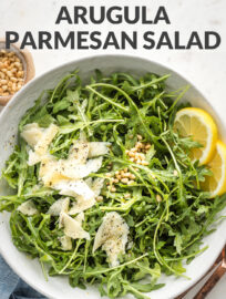 Collage image with text reading, "5 minute side - arugula Parmesan salad"