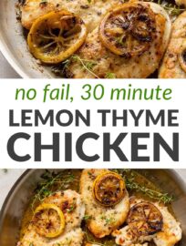 You'll love this quick and easy lemon thyme chicken recipe for a go-to weeknight dinner! With a no-fail method for cooking tender and juicy chicken breasts in a skillet, it pairs perfectly with a simple sauce of garlic, herbs, white wine, and citrus. No cream!