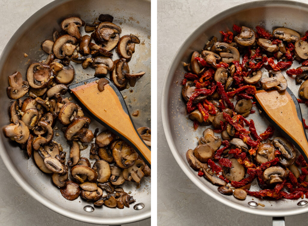 Side by side photos of sauteed mushrooms, with and without added sun-dried tomatoes.