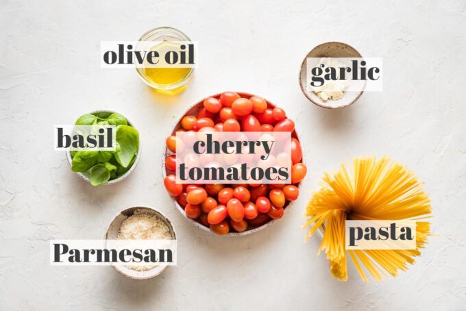 Labeled overhead photo of cherry tomatoes, uncooked spaghetti, olive oil, garlic, basil, and Parmesan arranged in prep bowls.