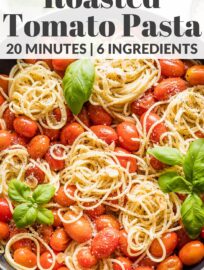 This easy roasted tomato pasta is absolutely delicious and takes just 6 ingredients and about 20 minutes. Al dente pasta is tossed with sweet blistered cherry tomatoes, slivered garlic, and a luscious-yet-light sauce everyone will love.